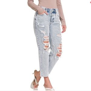 Distressed Crop Straight Denim Jeans